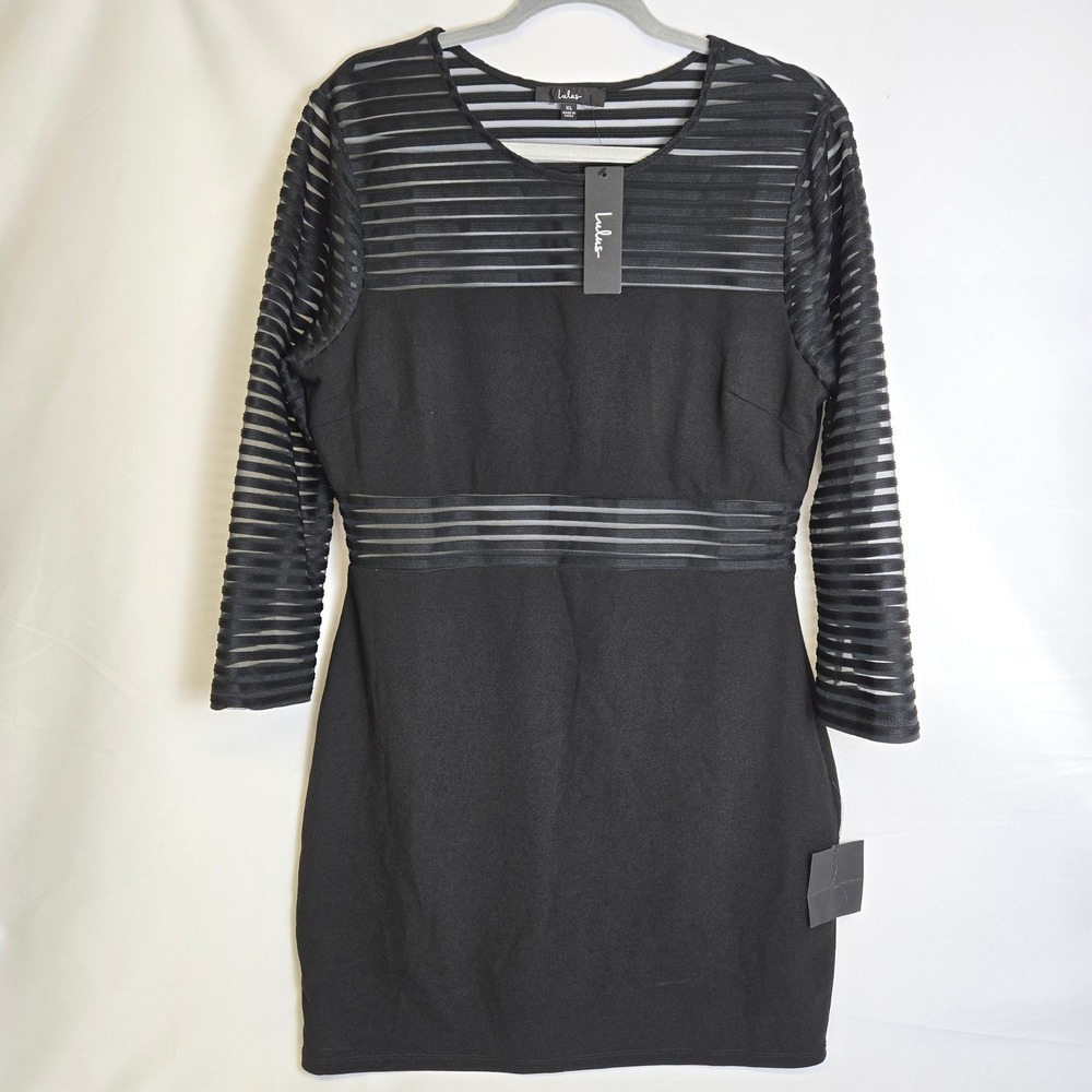 Lulus Perfect Mesh Black Long Sleeve Bodycon Dress LBD Party Date Night XL New